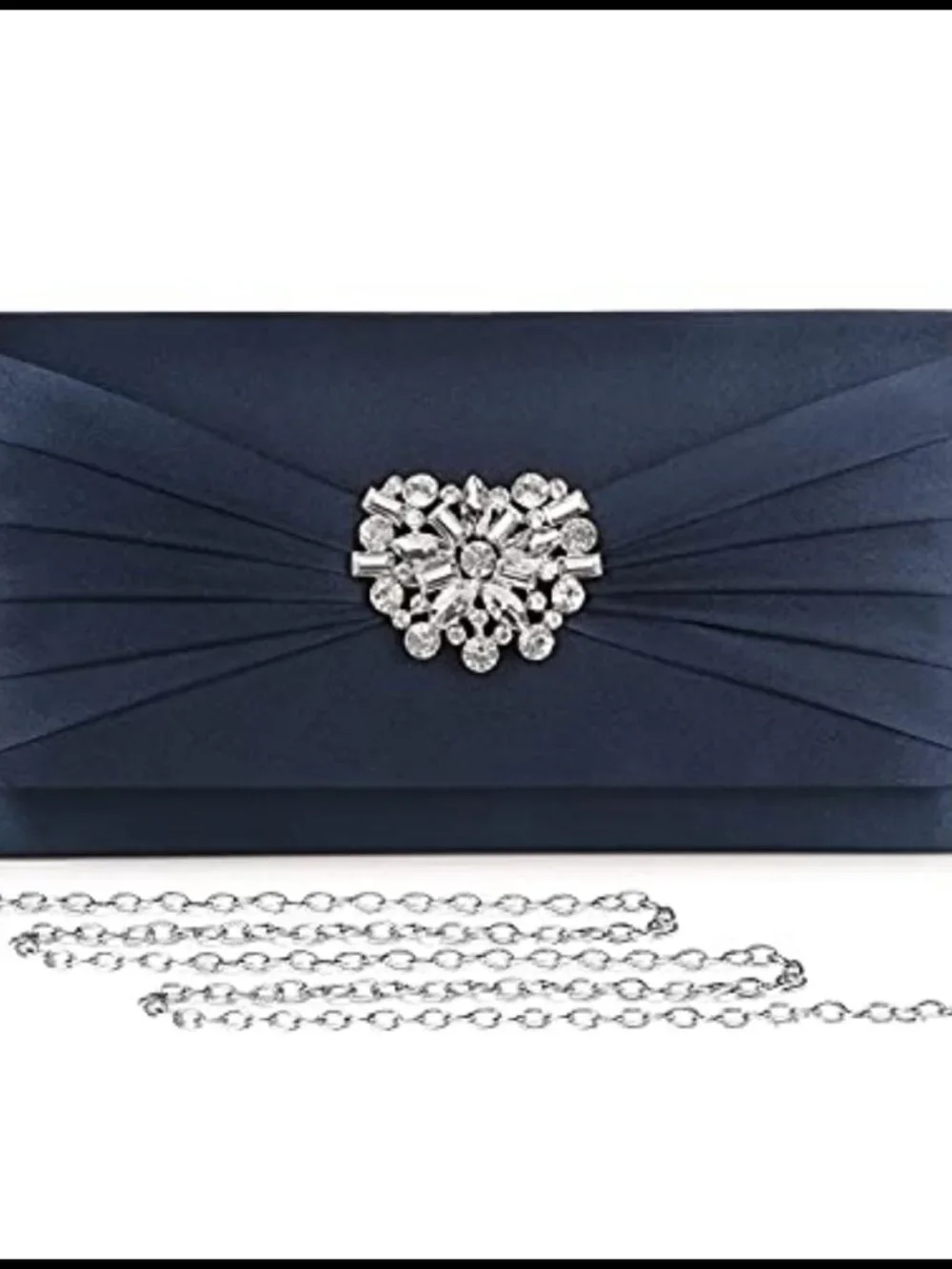 Pleated Satin Rhinestone Evening Clutch Detachable Chain Crossbody